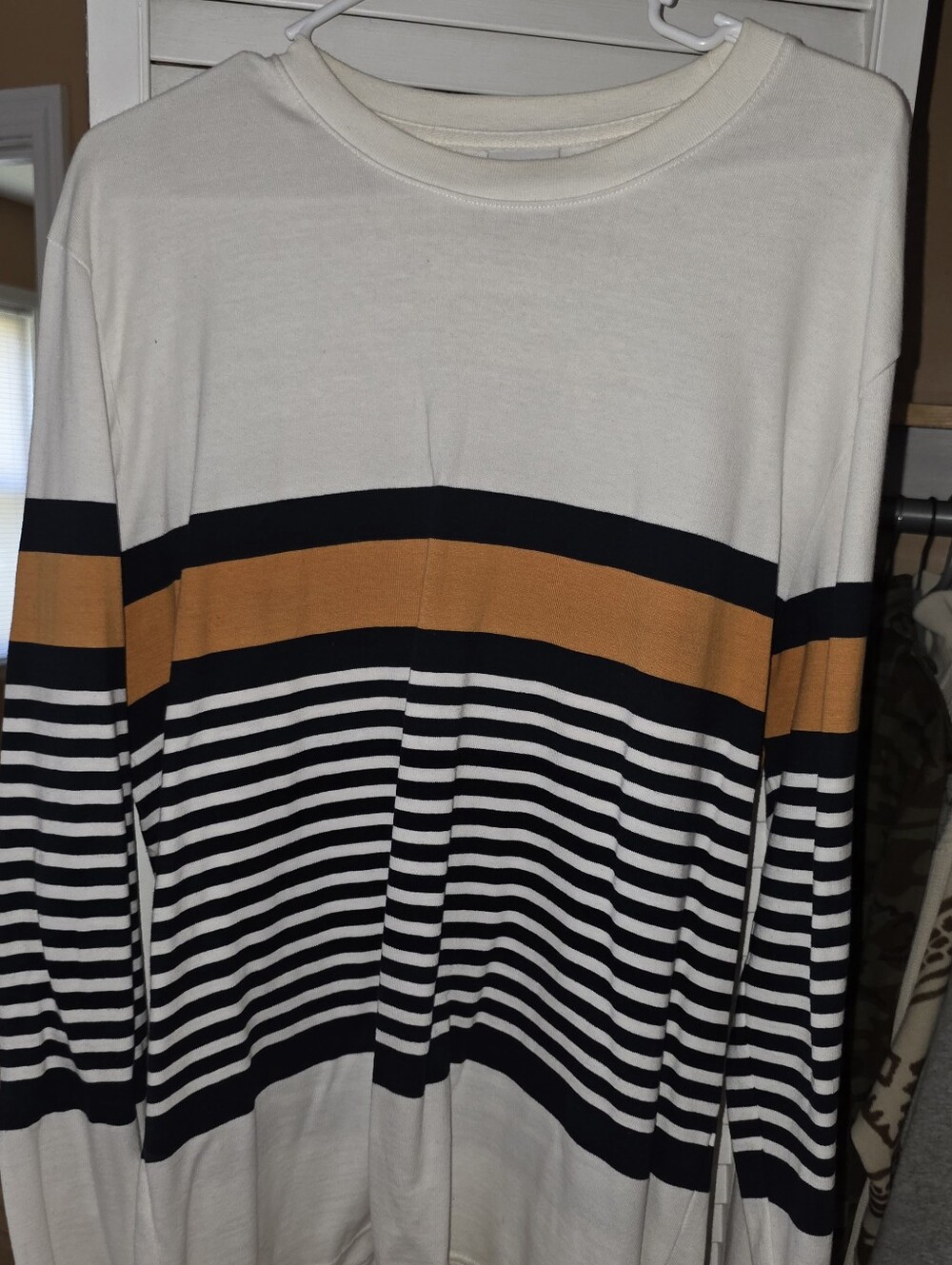ZARA Men’s Color Block Striped Long Sleeve Shirt White Black Mustard – L